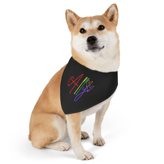 A stylish pup shows off a bold rainbow ally scarf, making a statement for LGBTQ+ support in a fun, fashion-forward way.