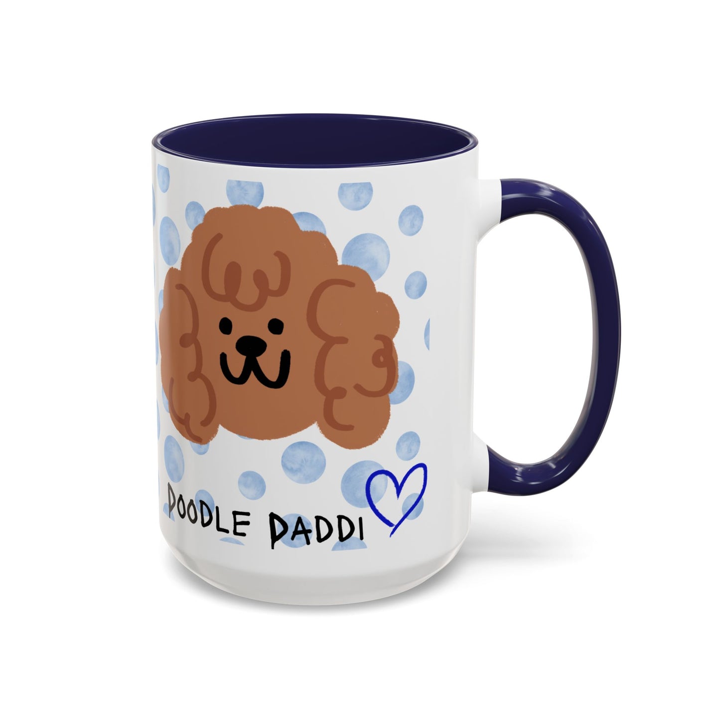 Front view of blue polka dot Doodle Daddi coffee mug with hand-drawn accents