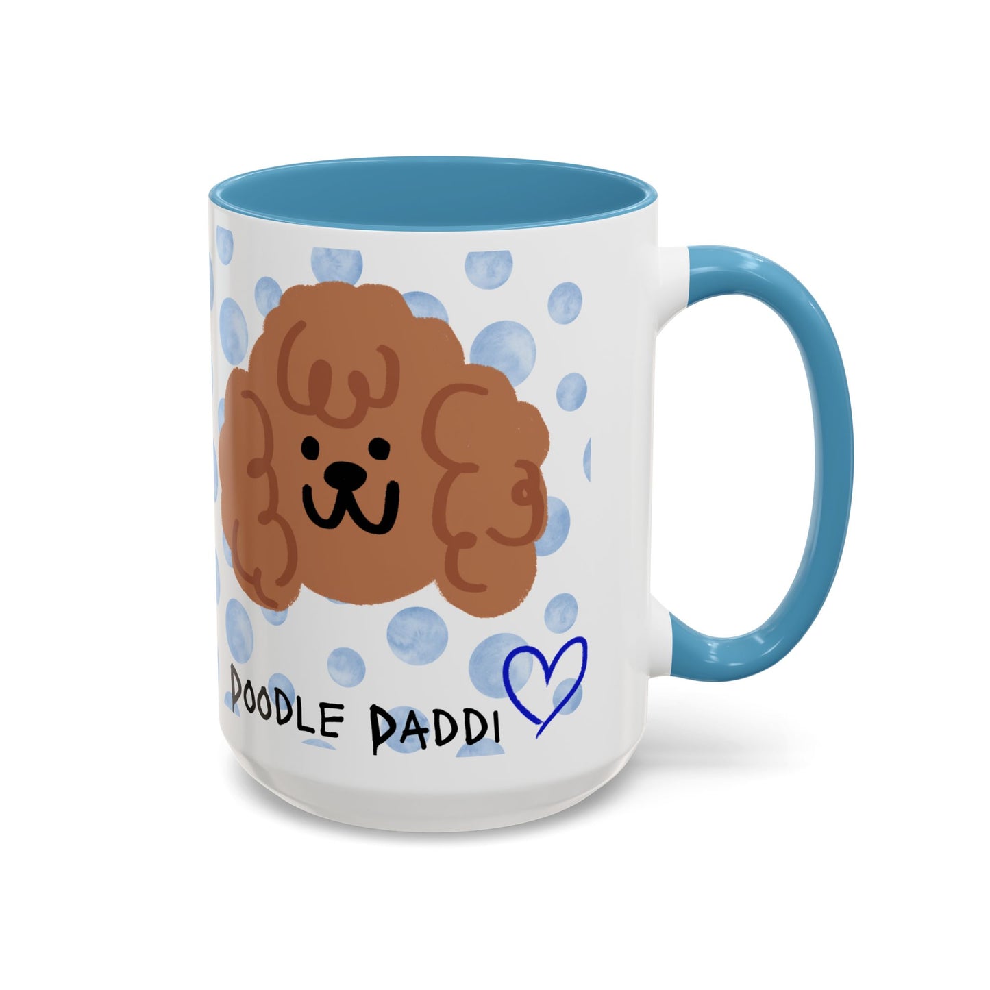 Side angle of mug showing polka dot pattern and doodle details