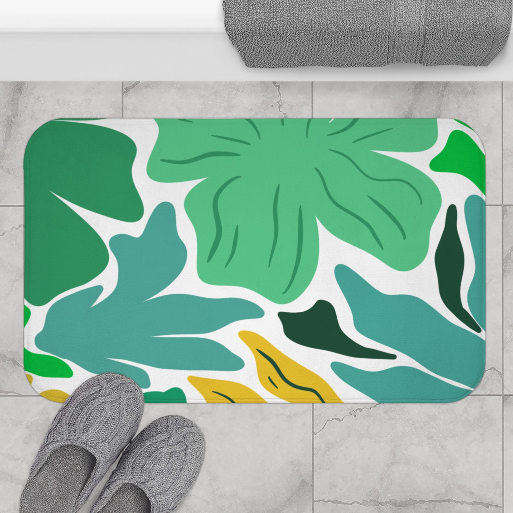 Gift-ready bath mat with maximalist floral design and college-core aesthetic