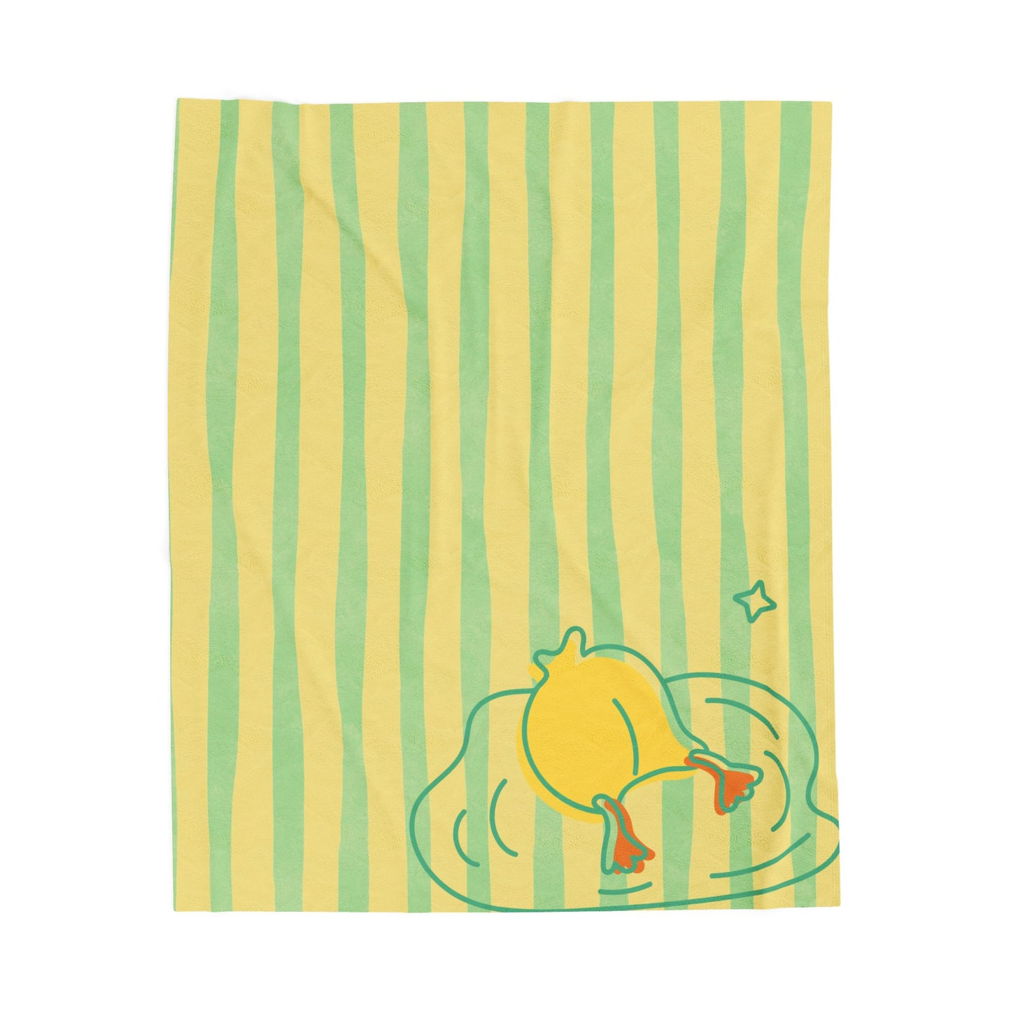 Yellow and green striped plush throw blanket with cute duck “buns up” design styled on dorm bed