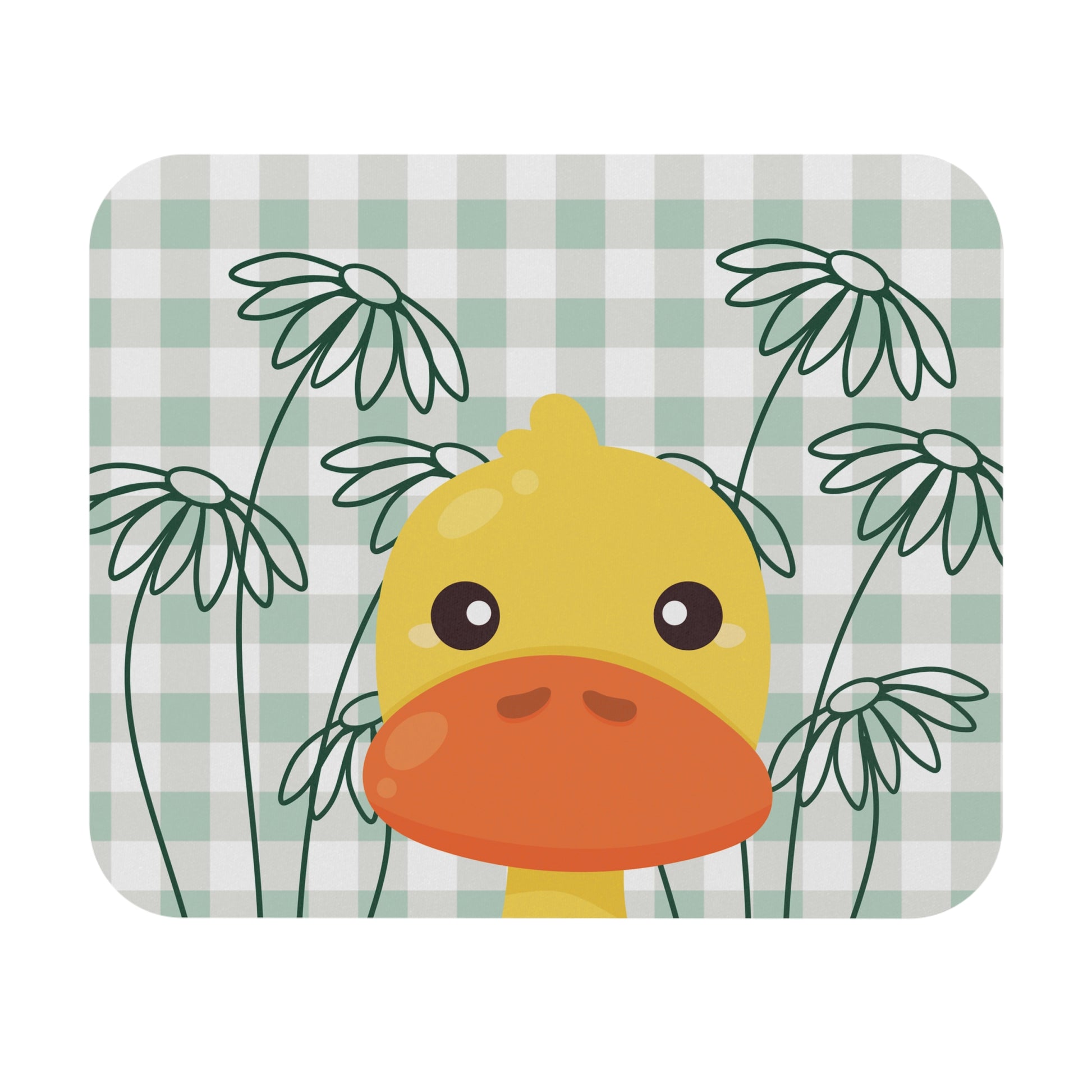 Cute light green gingham mouse pad featuring white daisies and a duck illustration, styled on a college student’s desk with school supplies