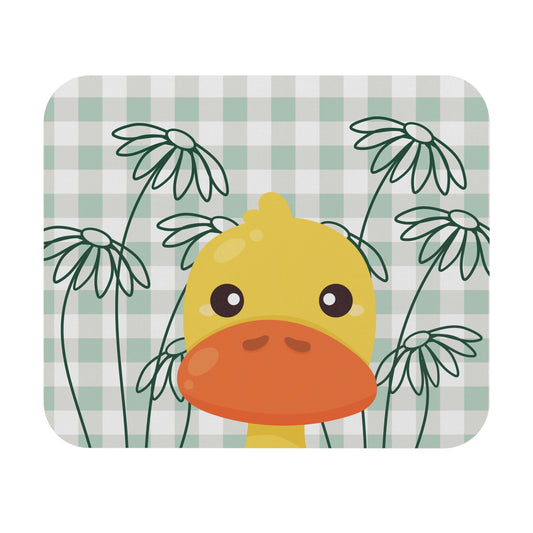 Cute light green gingham mouse pad featuring white daisies and a duck illustration, styled on a college student’s desk with school supplies