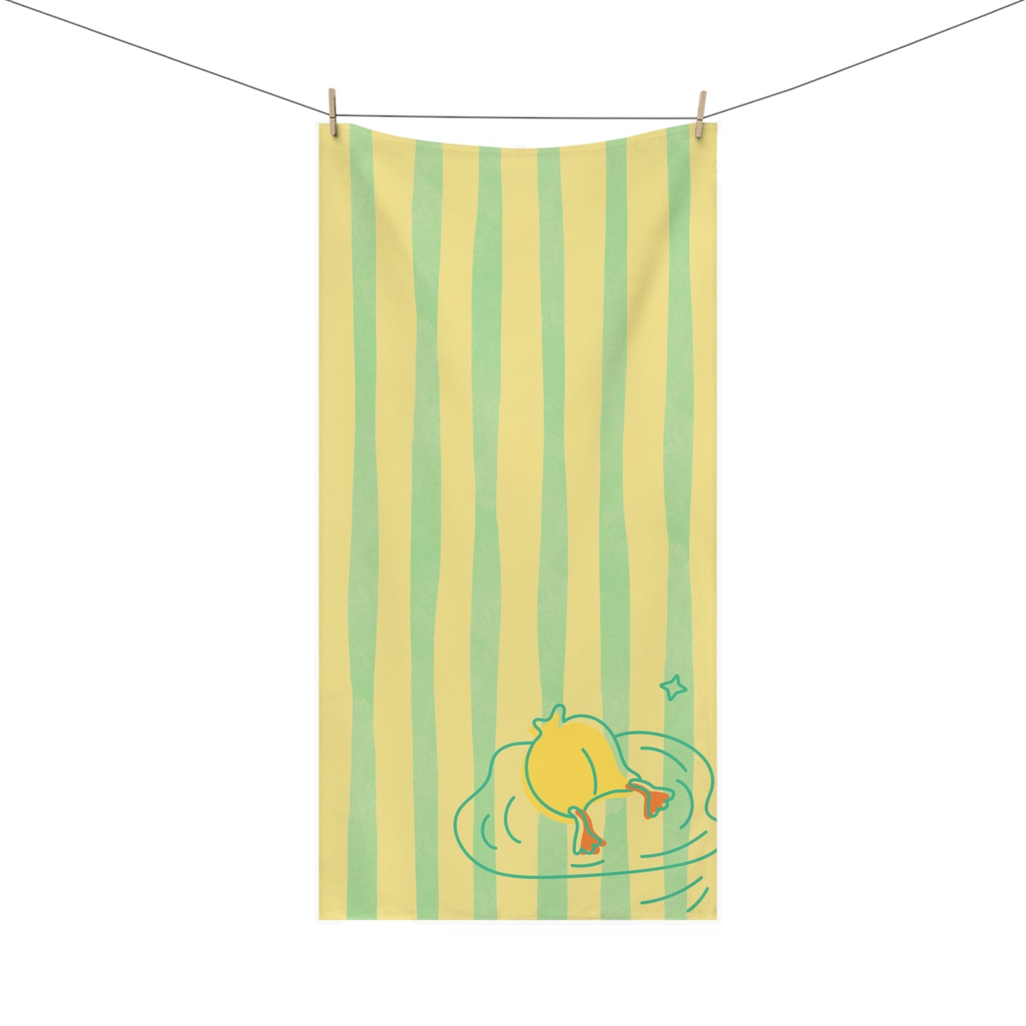Bathroom towel featuring duck dive design across green and gold stripes – retro decor with quirky college-friendly flair