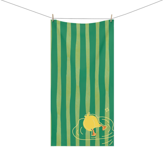 Bathroom towel featuring duck dive design over green and yellow stripes – bold and quirky decor for dorms and playful homes