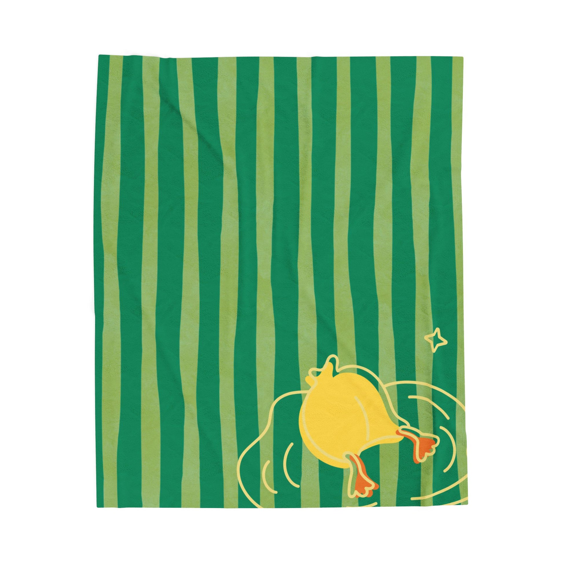 Green and yellow striped plush blanket with duck dive design styled on retro bedding for cozy comfort-core vibes