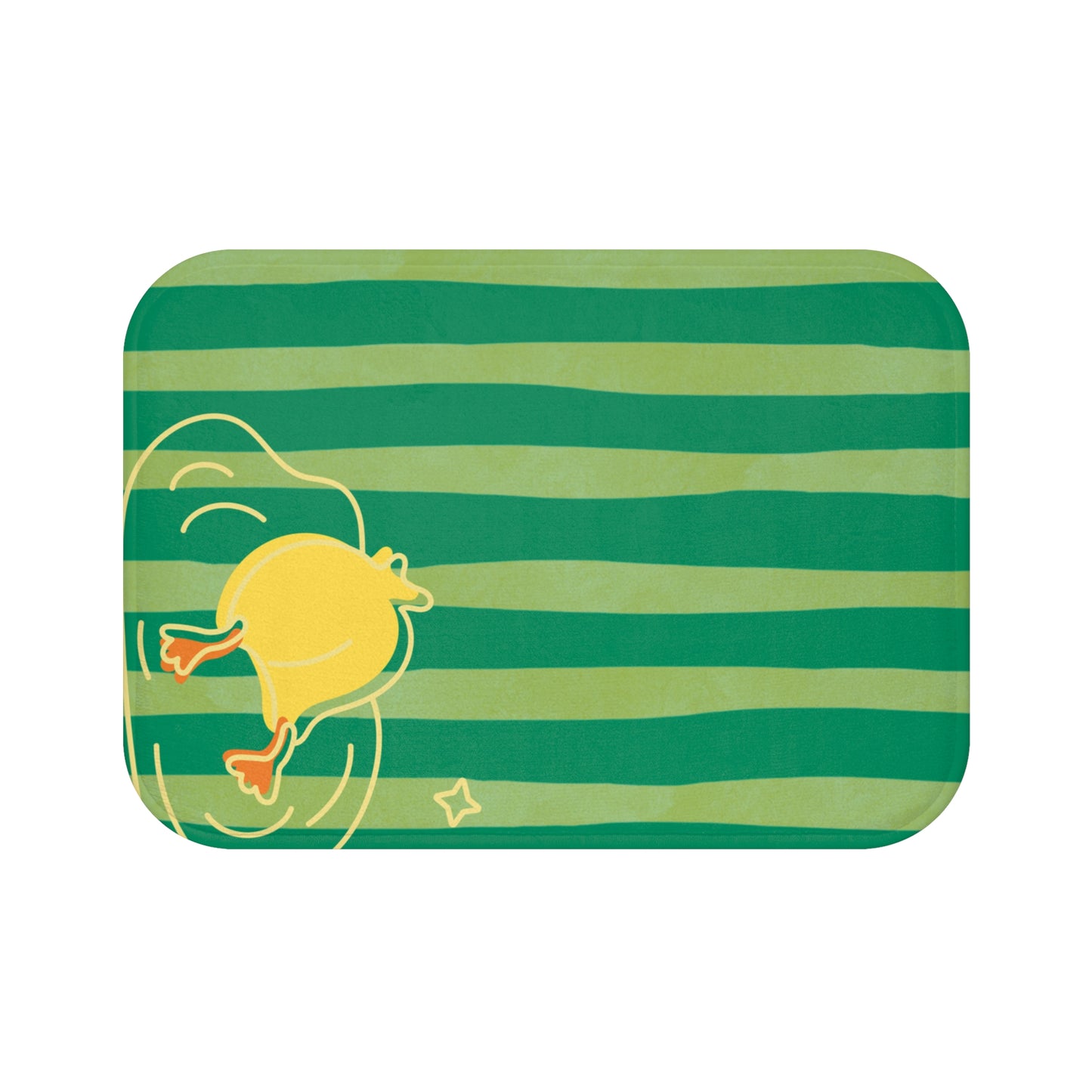 Green and yellow striped bath mat featuring duck diving design styled in college dorm bathroom