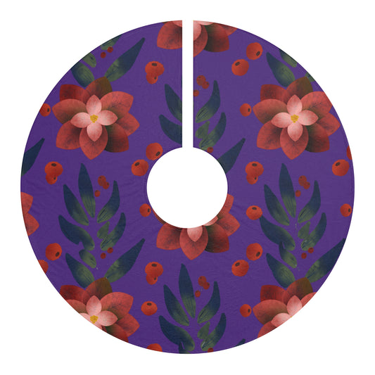 Violet poinsettia Christmas tree skirt under decorated holiday tree
