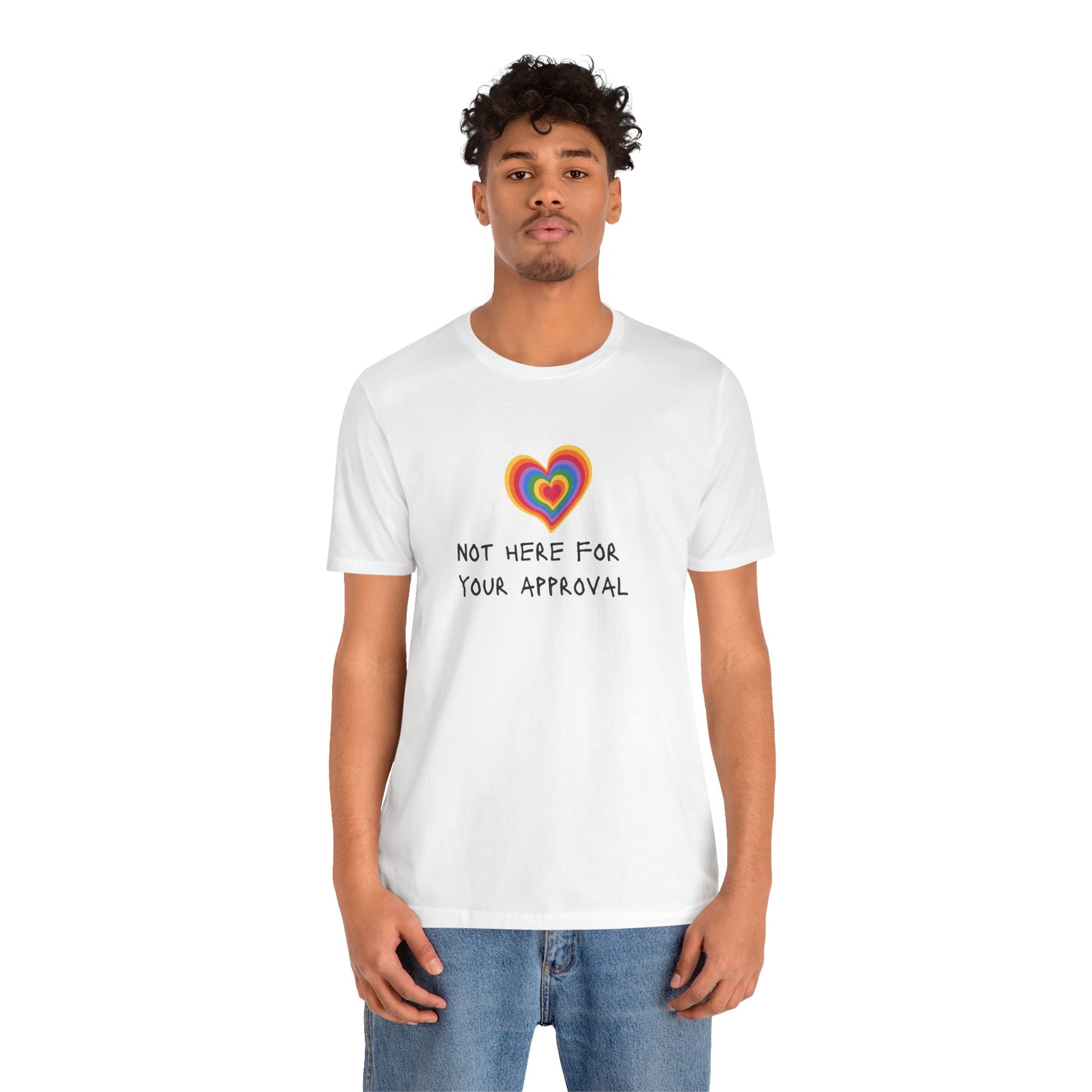 - Trendy white T-shirt with bold “Not Here for Your Approval” message and a rainbow heart—empowering, stylish, and ideal for expressing LGBTQ+ pride.
