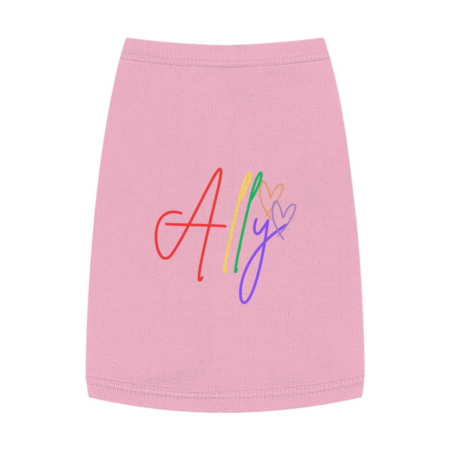 Equality-Inspired Rainbow Pet Shirt – A cheerful dog wears a vibrant pride t-shirt, spreading love and support for LGBTQ+ rights.