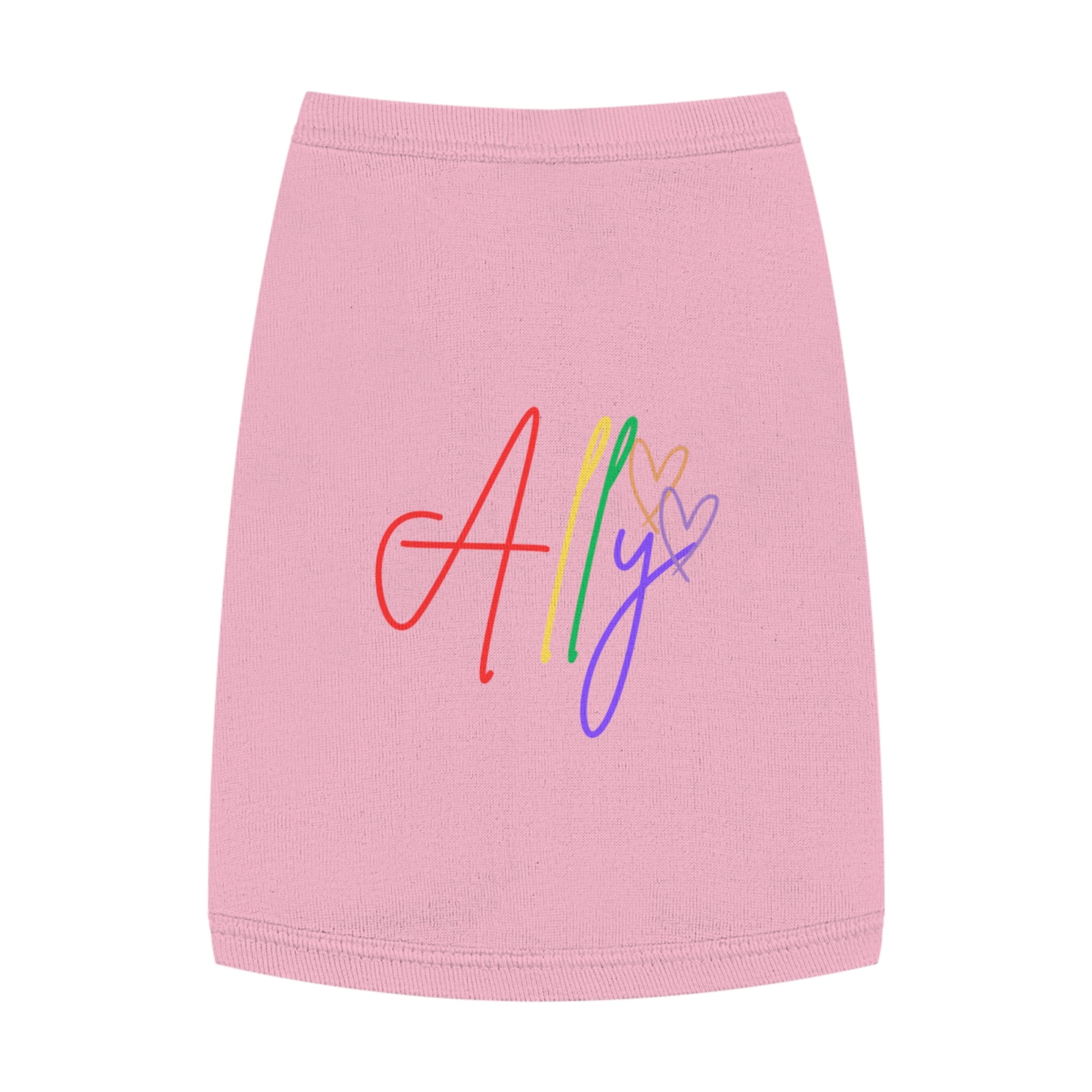 Equality-Inspired Rainbow Pet Shirt – A cheerful dog wears a vibrant pride t-shirt, spreading love and support for LGBTQ+ rights.