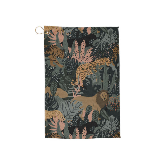 A striking jungle golf towel featuring fierce, exotic tigers weaving through vibrant rainforest greenery—perfect for golfers with wild style.