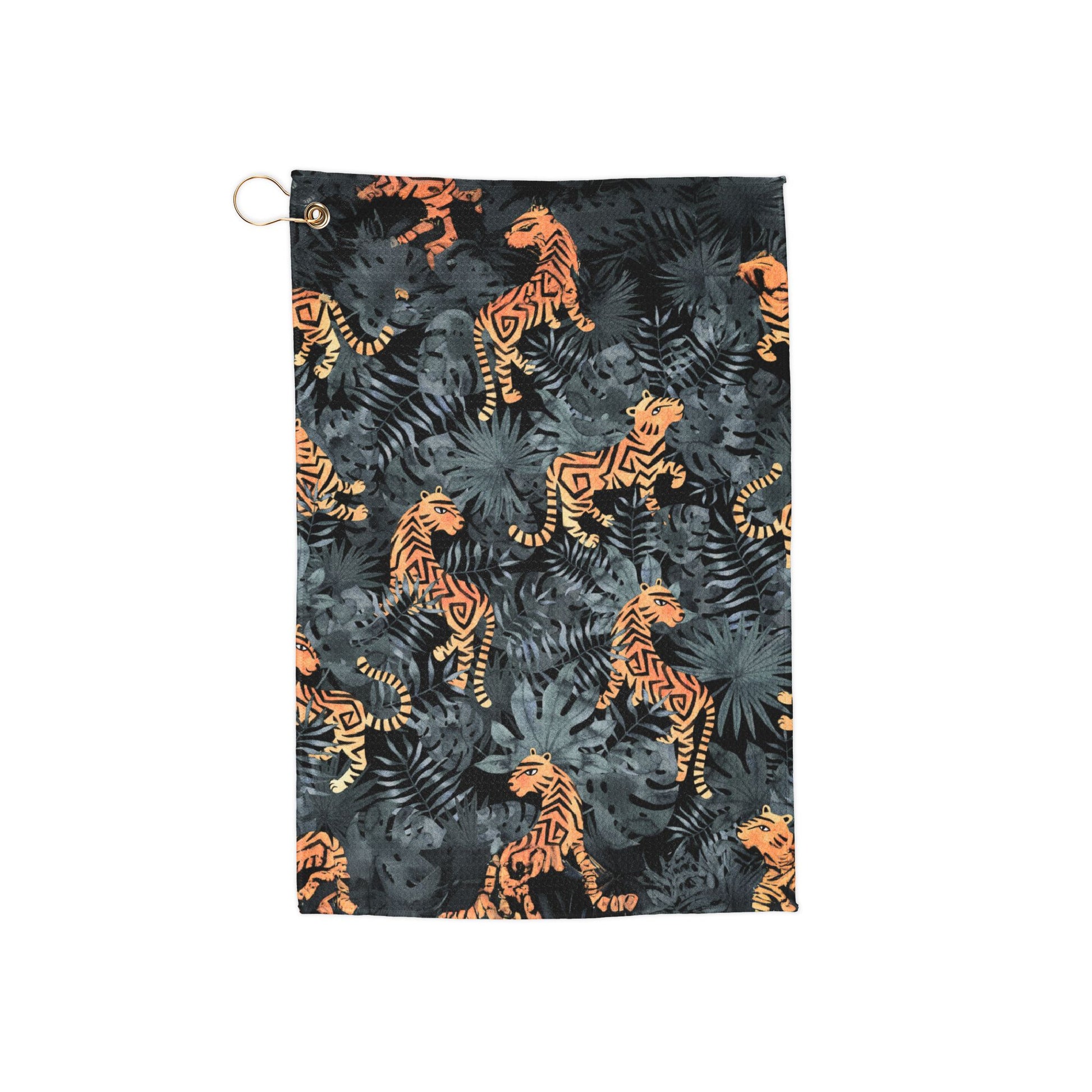 A bold, tropical jungle golf towel featuring fierce tigers surrounded by lush rainforest greenery. Wild, striking, and full of adventure.