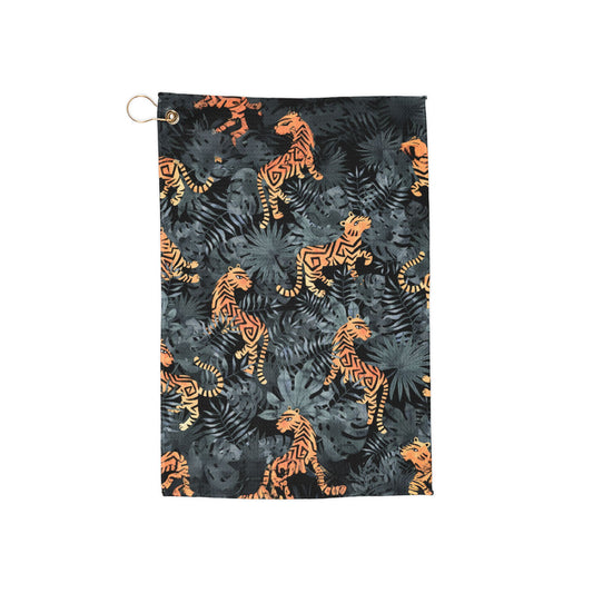 A bold, tropical jungle golf towel featuring fierce tigers surrounded by lush rainforest greenery. Wild, striking, and full of adventure.