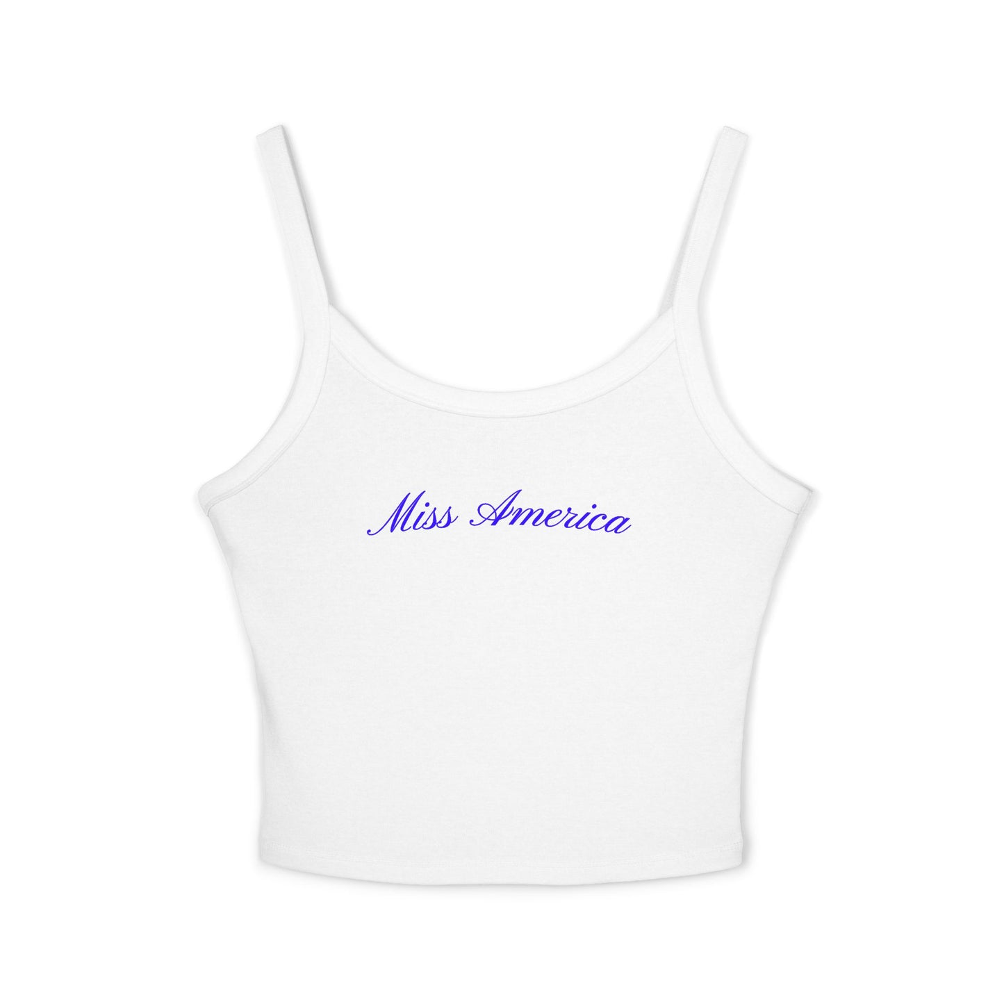 Trendy white tank top showcasing blue cursive “Miss America” text—cute, comfortable, and ideal for summer celebrations.