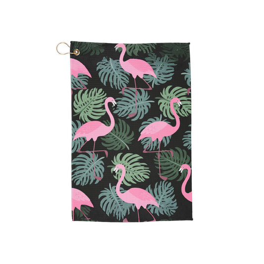 A vibrant, tropical golf towel featuring graceful flamingos surrounded by lush jungle foliage. A bold mix of exotic charm and retro-cool