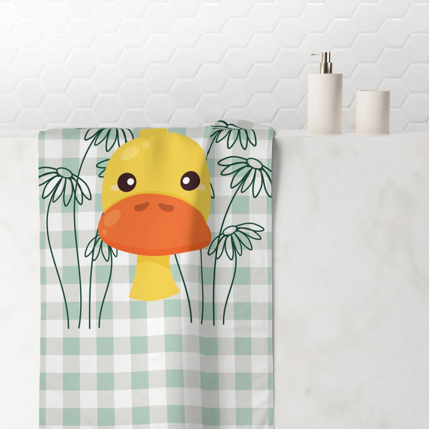 Mint green gingham towel with floral duck illustration – soft and whimsical bath accessory for expressive homes