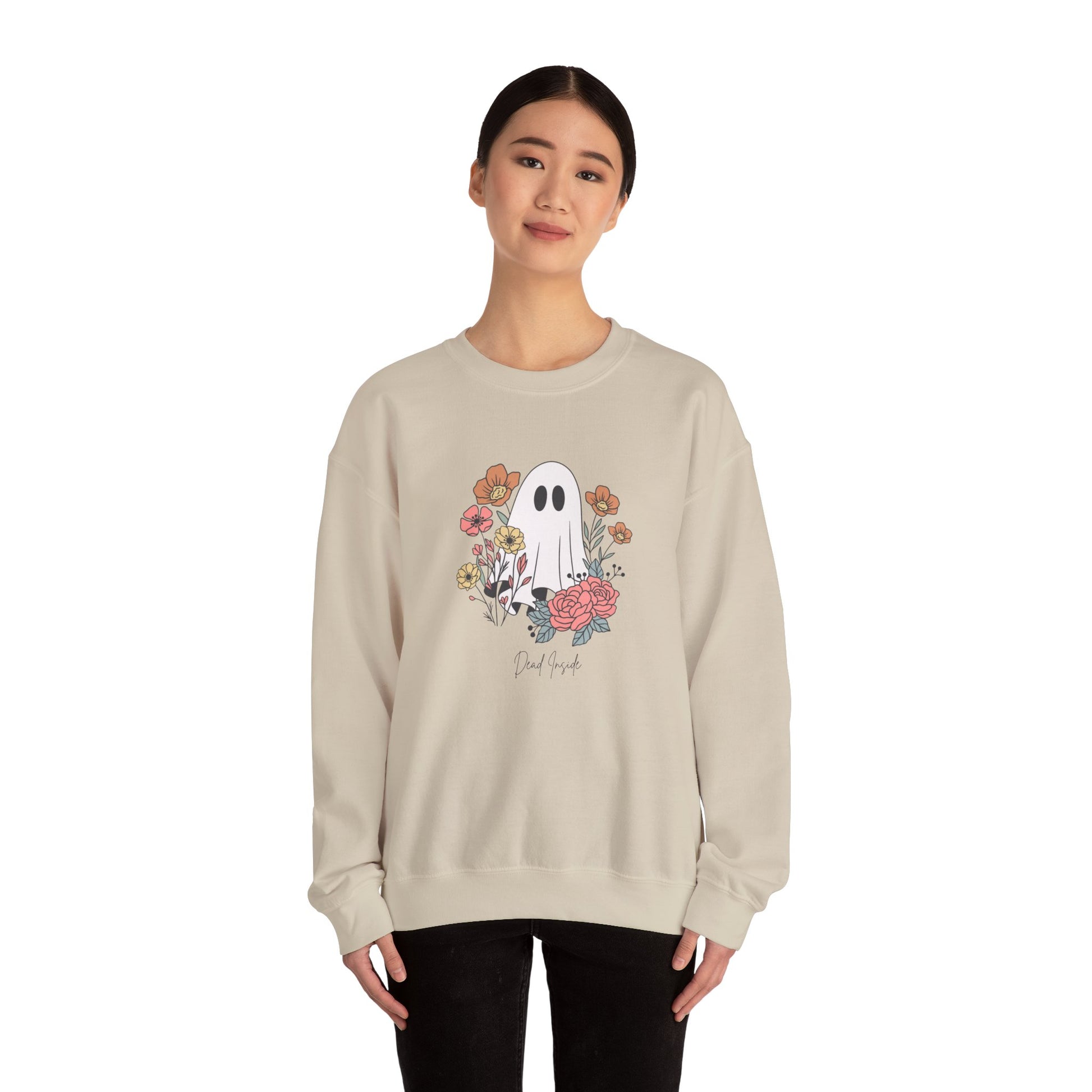 Halloween sweatshirt with ghost and flower graphic and cheeky message, perfect for playful October outfits.