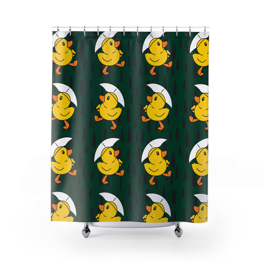 Dark forest green shower curtain with rainy day duck design for college dorm bathrooms