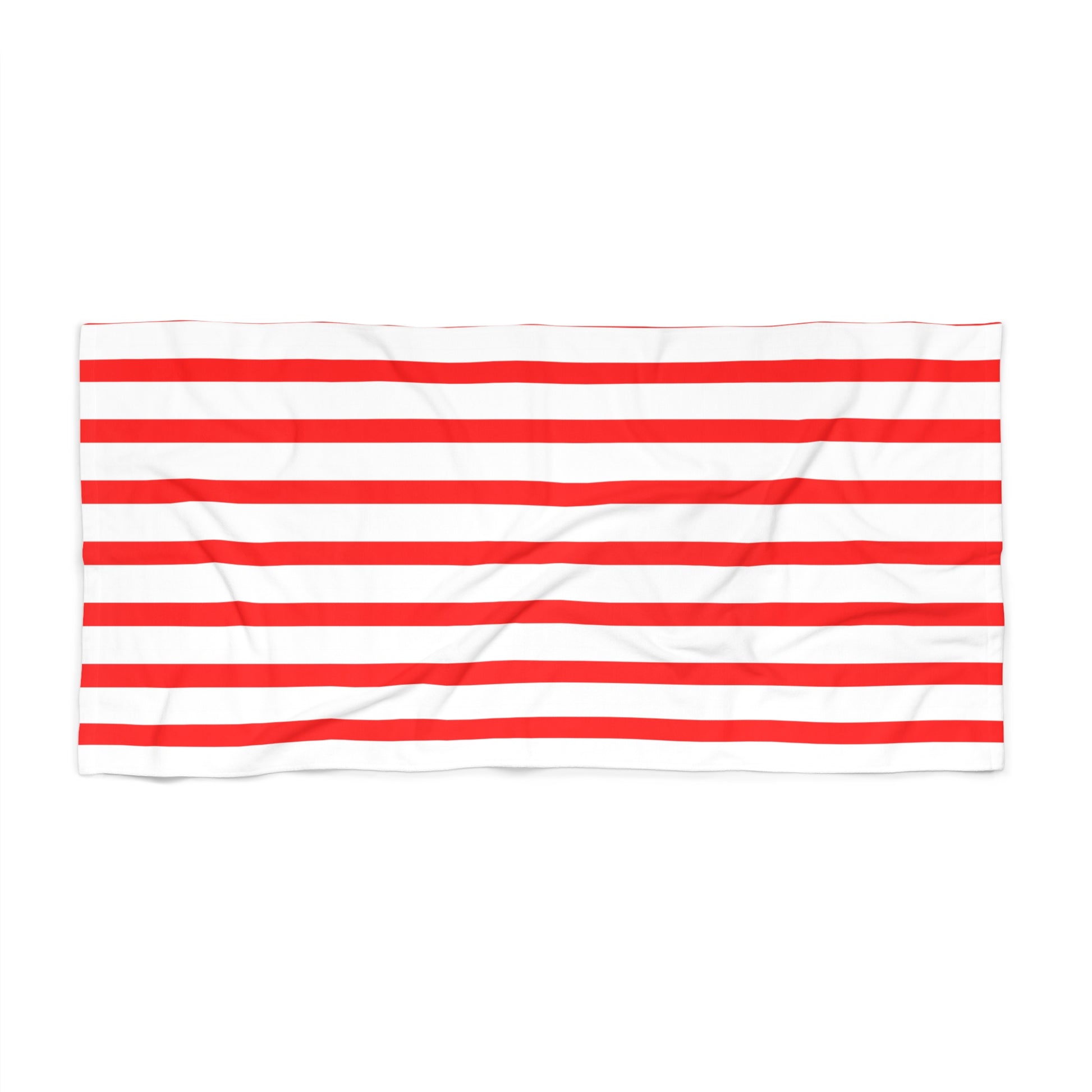 Bold American-themed beach towel with alternating red stripes, designed for festive Fourth of July beach outings and backyard poolside fun.