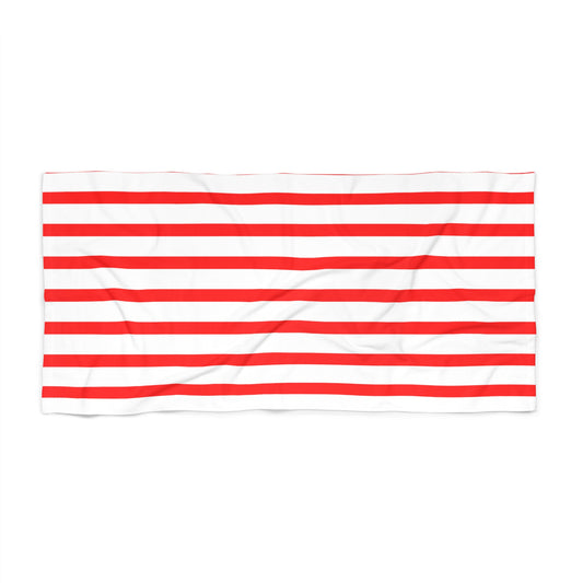 Bold American-themed beach towel with alternating red stripes, designed for festive Fourth of July beach outings and backyard poolside fun.