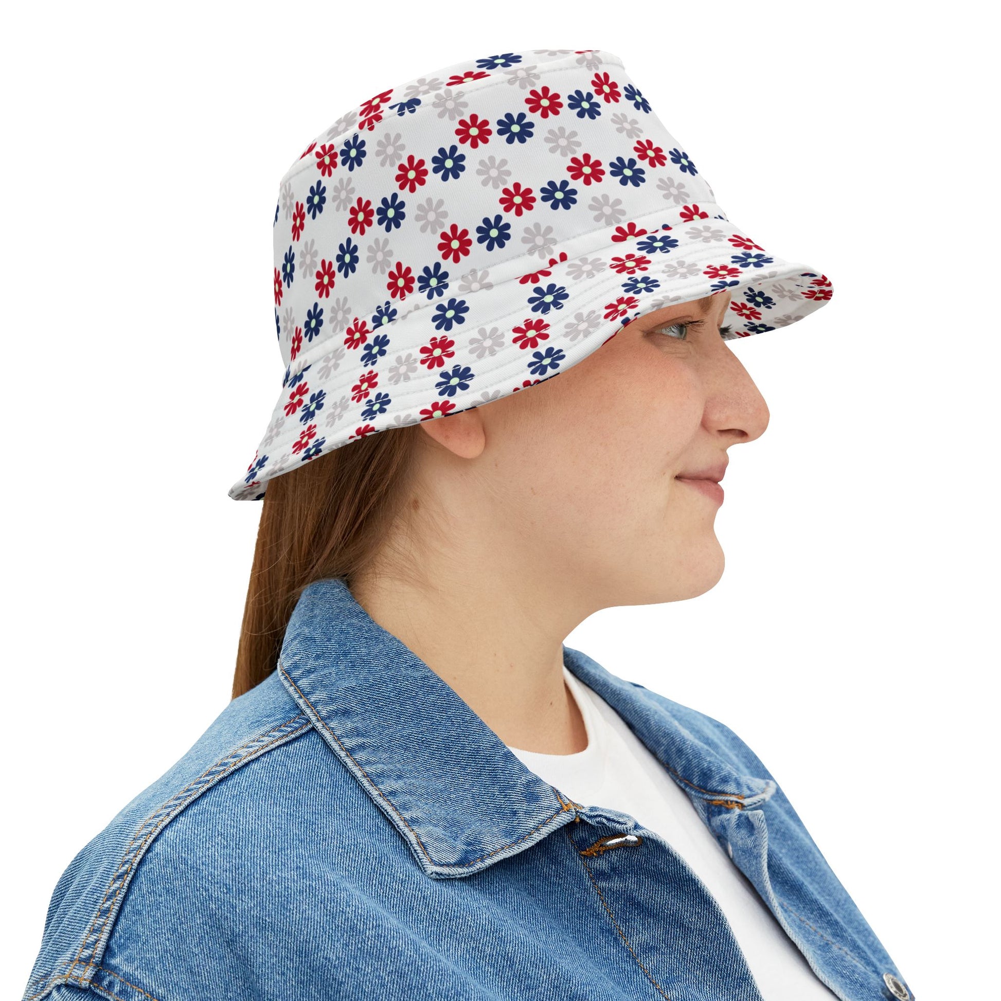 Festive bucket hat with bold red, white, and blue floral patterns—patriotic, stylish, and perfect for Fourth of July celebrations.