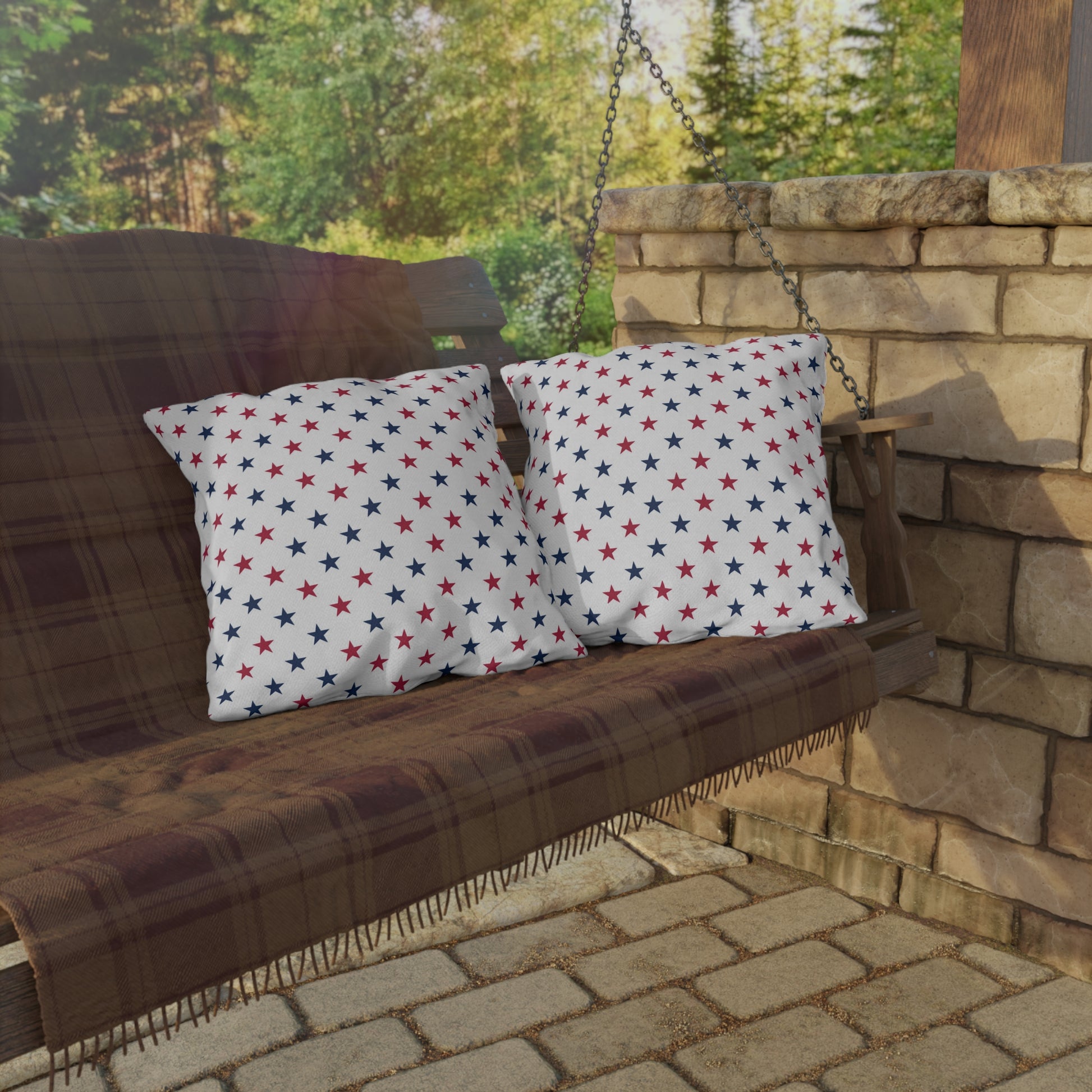 Festive Fourth of July throw pillow with bold red, white, and blue stars—patriotic, stylish, and perfect for Independence Day decor.
