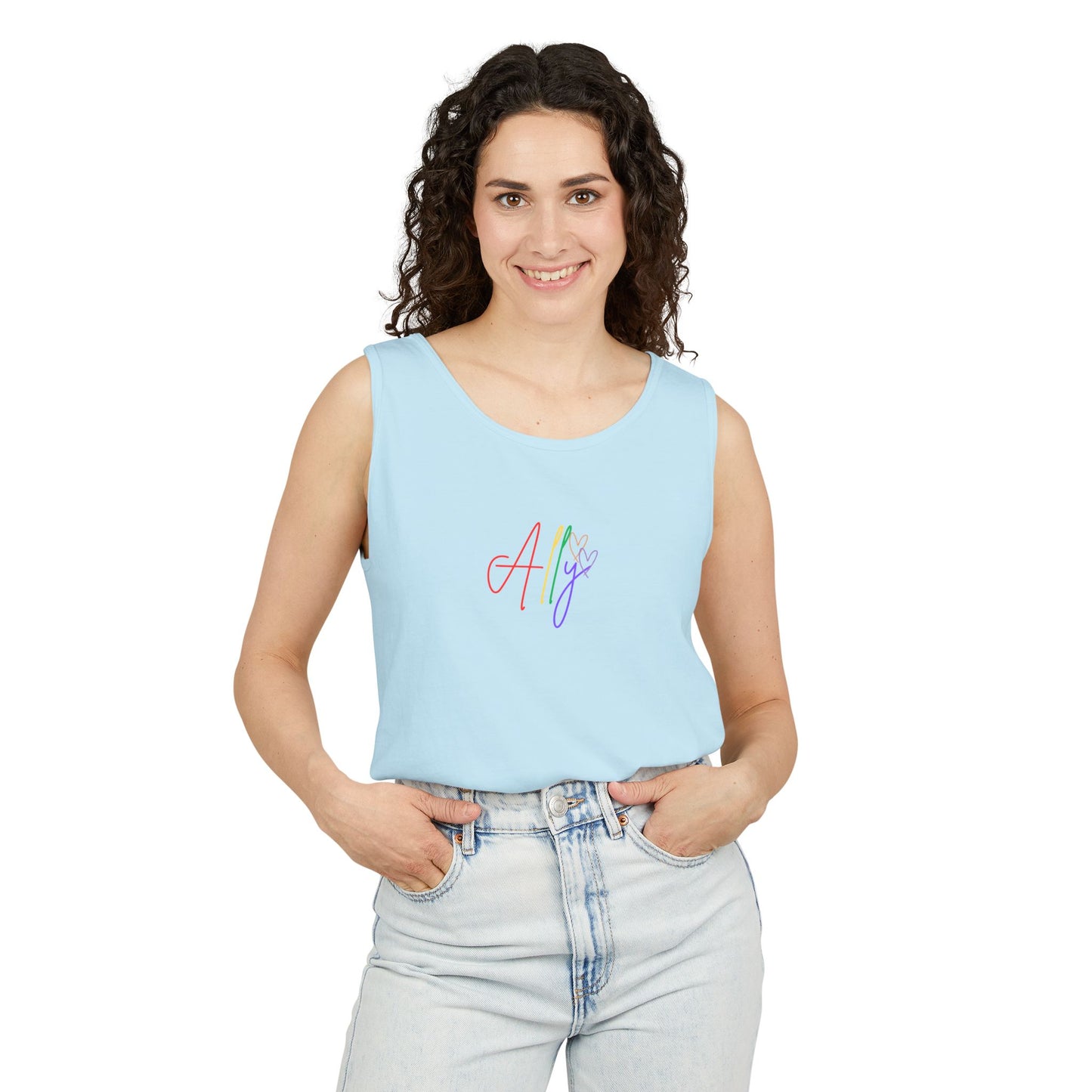 Fresh & Bold Rainbow Ally Tank – A pastel blue unisex tank top with vibrant cursive "Ally," making a strong statement for love and unity.