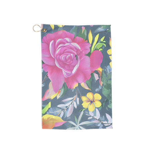 A vibrant pink rose-patterned golf towel with deep fuchsia hues for a bold, striking floral look. Rich, dramatic, and full of vintage glamour.