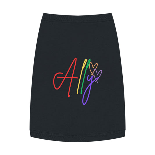 Fun & Fashionable Pride Pet Shirt – A trendy dog shows off a rainbow-themed t-shirt, radiating love and allyship with every step