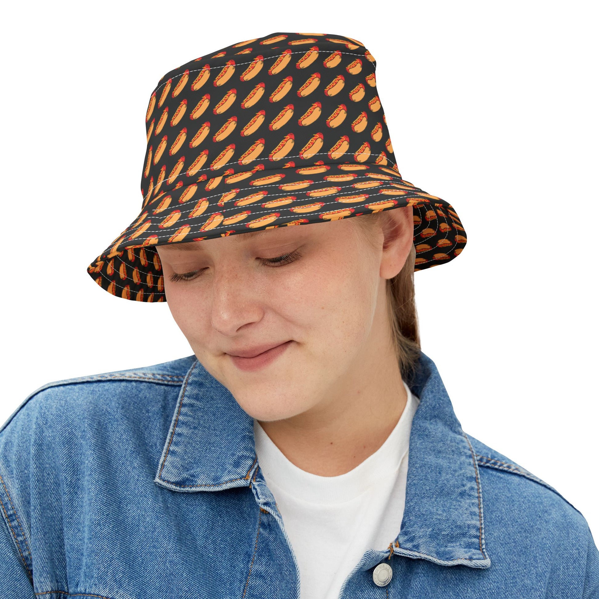 Classic black bucket hat with a patriotic hot dog design—perfect for celebrating America’s birthday.