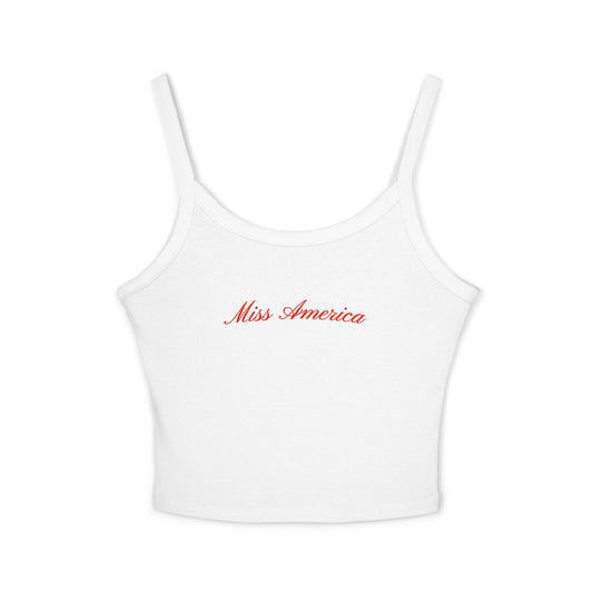 Bright white tank top showcasing striking red “Miss America” lettering—sleek, expressive, and full of Independence Day spirit.