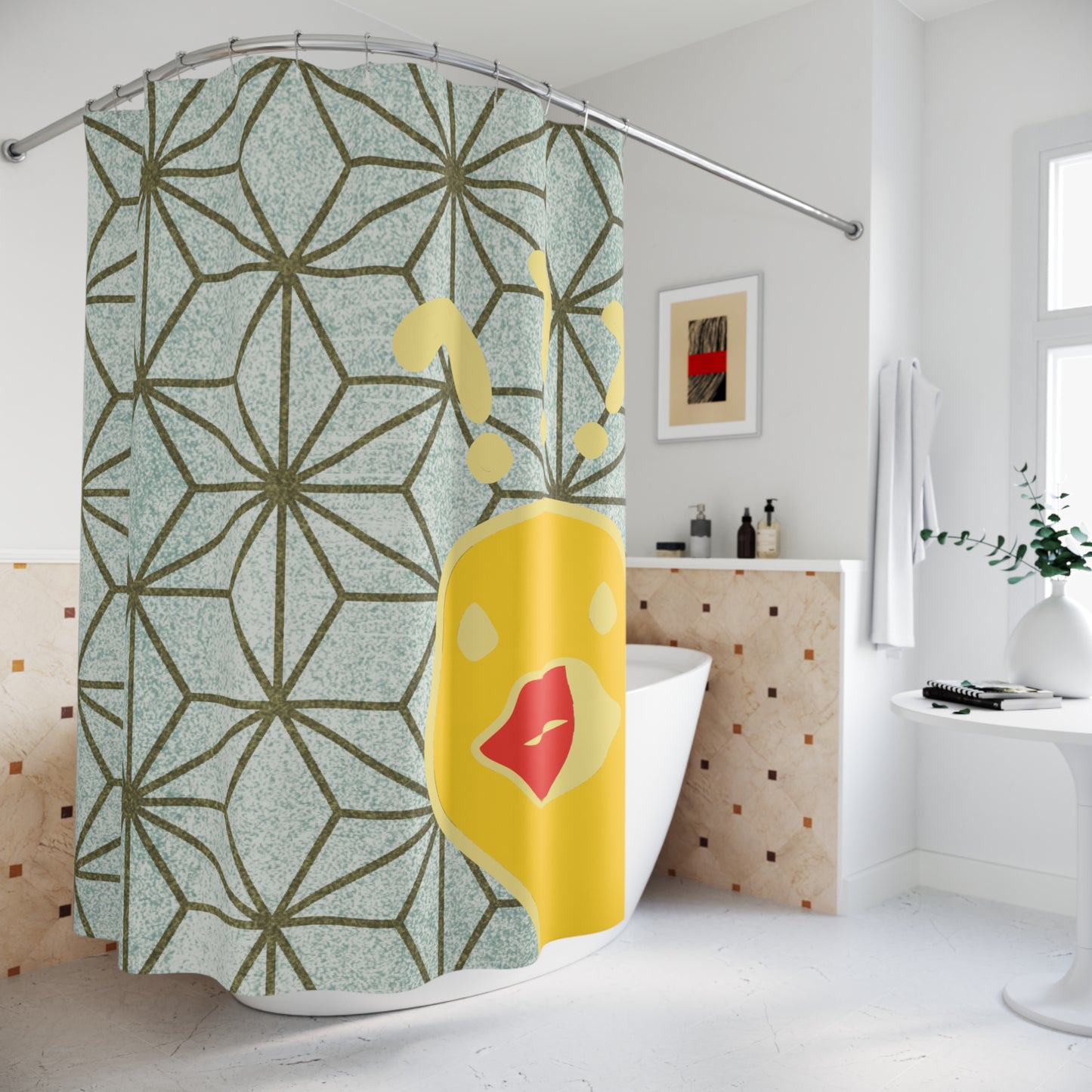 Bold and quirky bathroom decor with duck-themed humor, perfect for student apartments