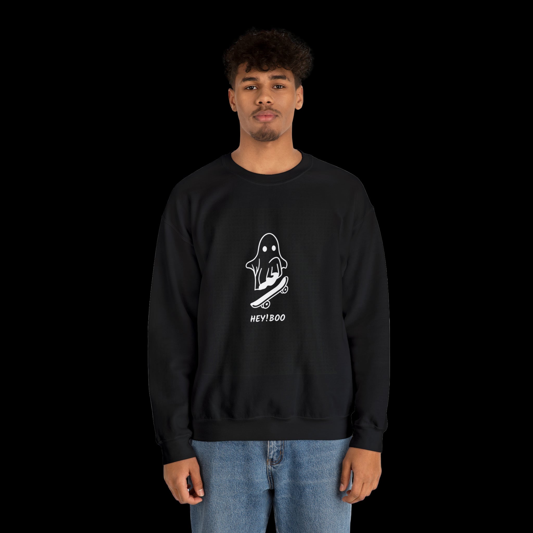 Funny ghost skateboard pullover with playful Halloween design and cozy crewneck fit