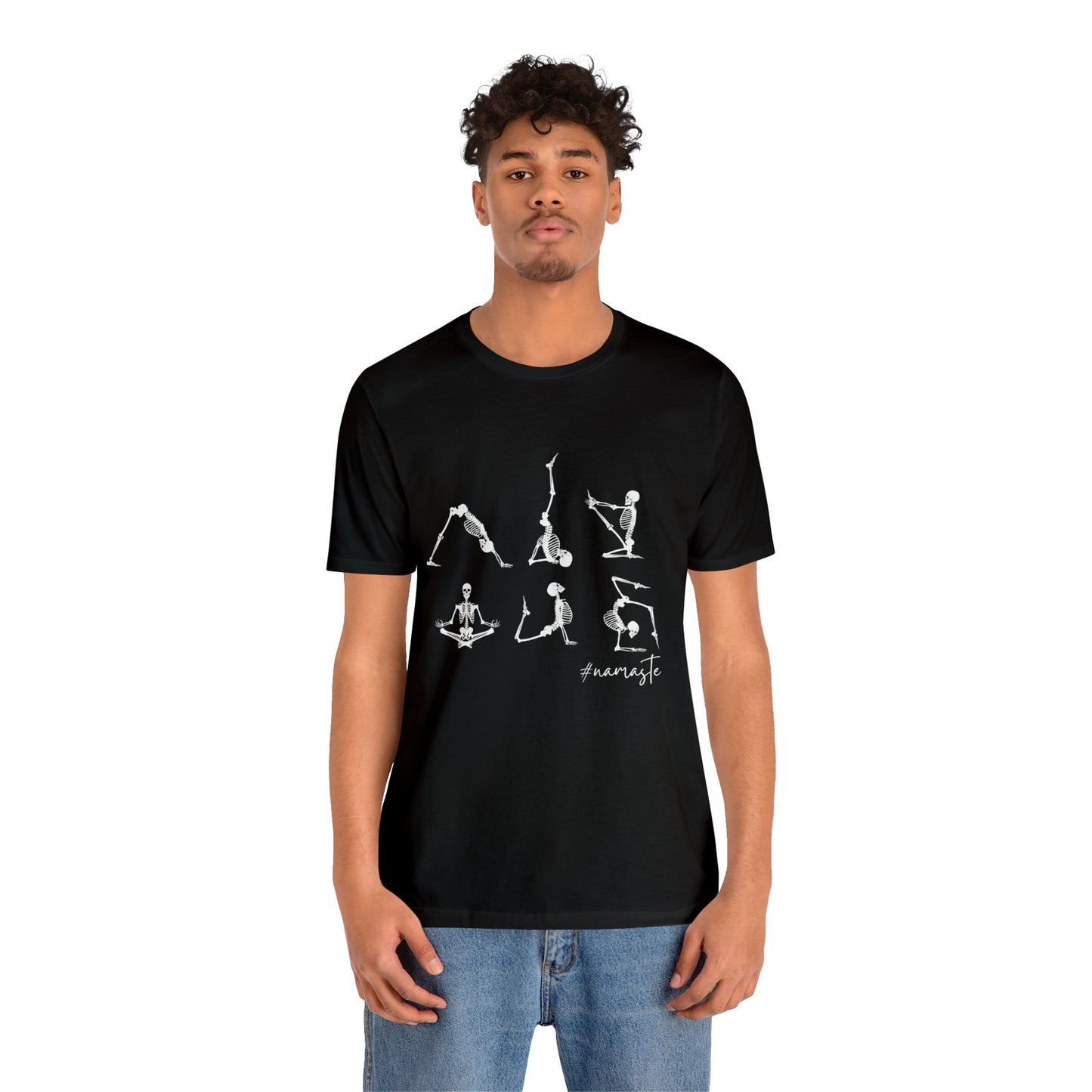 Funny skeleton yoga tee for Halloween with corpse pose graphic and unisex fit