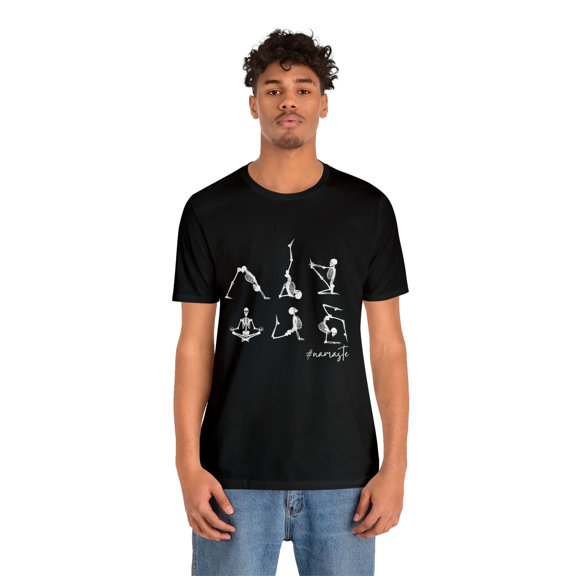 Funny skeleton yoga tee for Halloween with corpse pose graphic and unisex fit