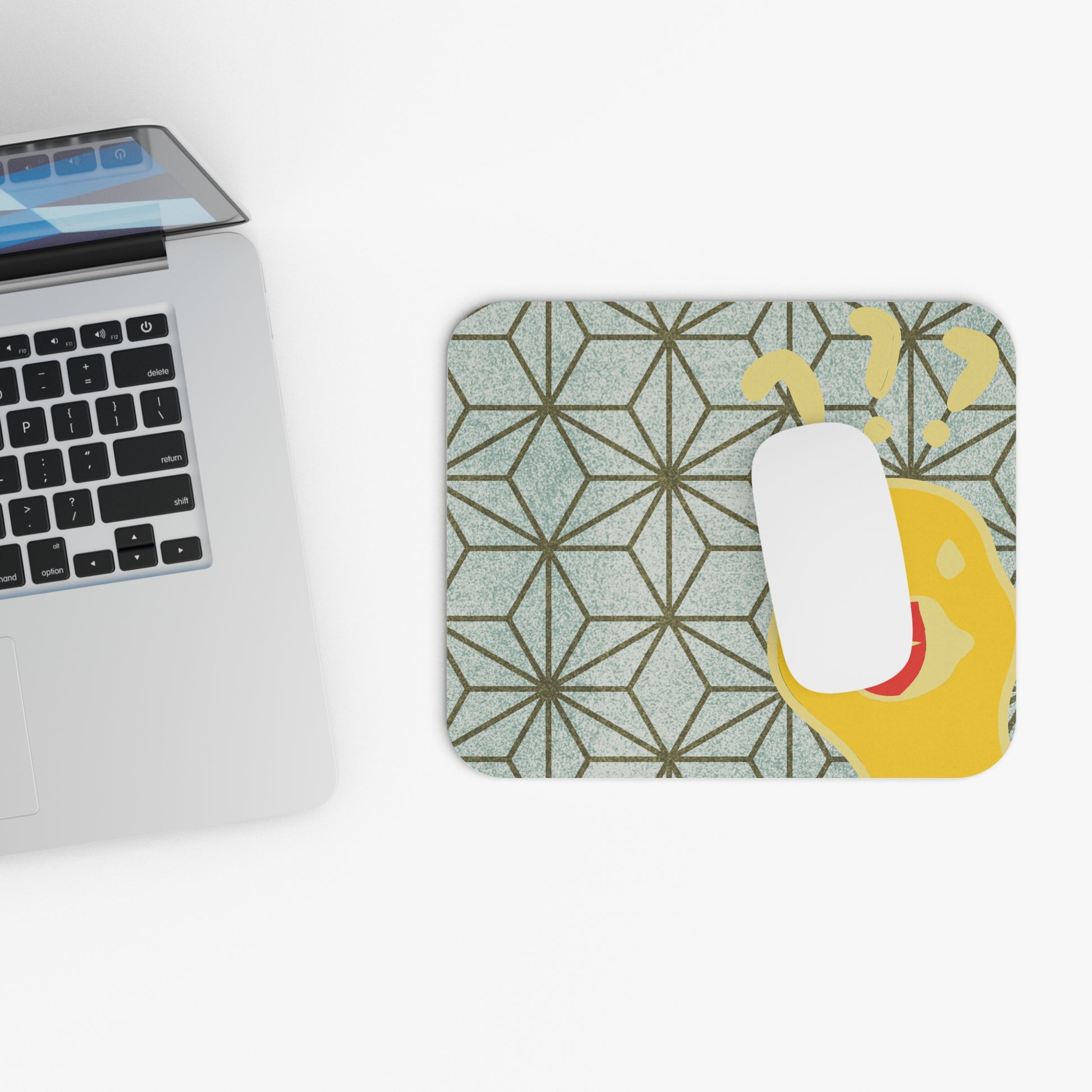 Bold and cheeky green-and-gold desk mat featuring geometric design and playful phrase, perfect for dorm room personality