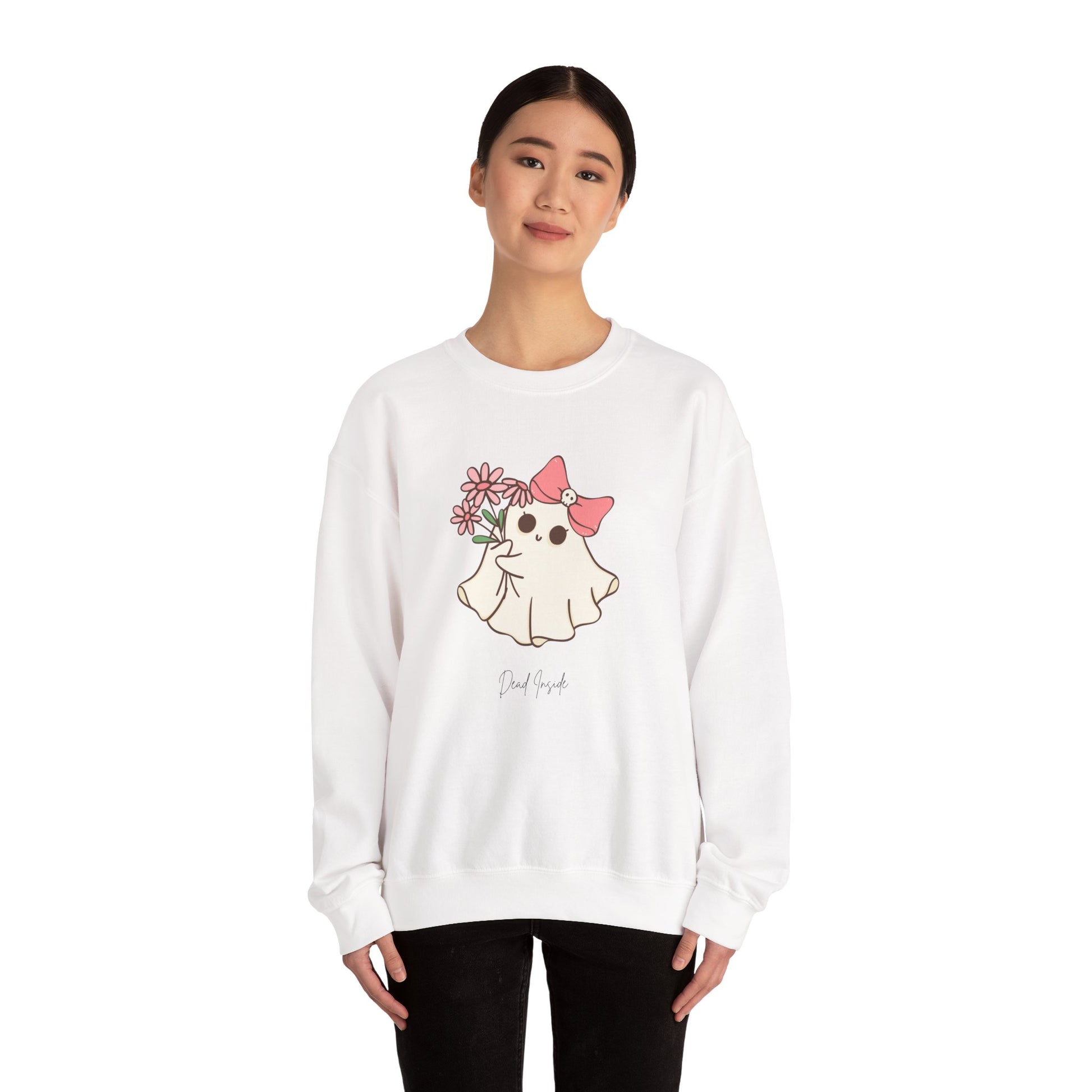 White crewneck with cute ghost and floral graphic and bold “dead inside” message, perfect for October comfort.