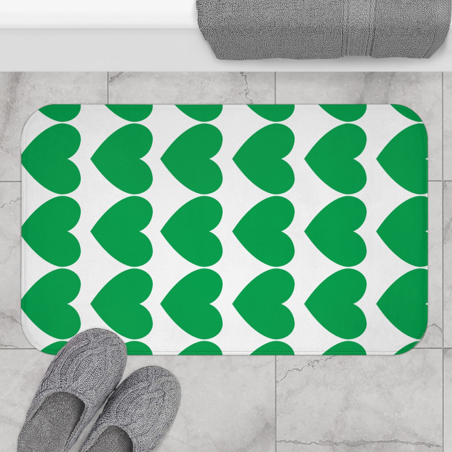 Gift-ready bath rug with green hearts and cozy-core design aesthetic