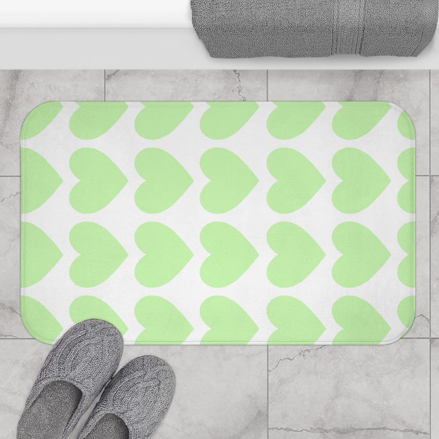 Gift-ready bath rug with mint green hearts and cozy-core design aesthetic