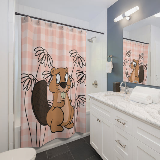 Front view of pastel orange gingham shower curtain with daisy accents and subtle beaver motif