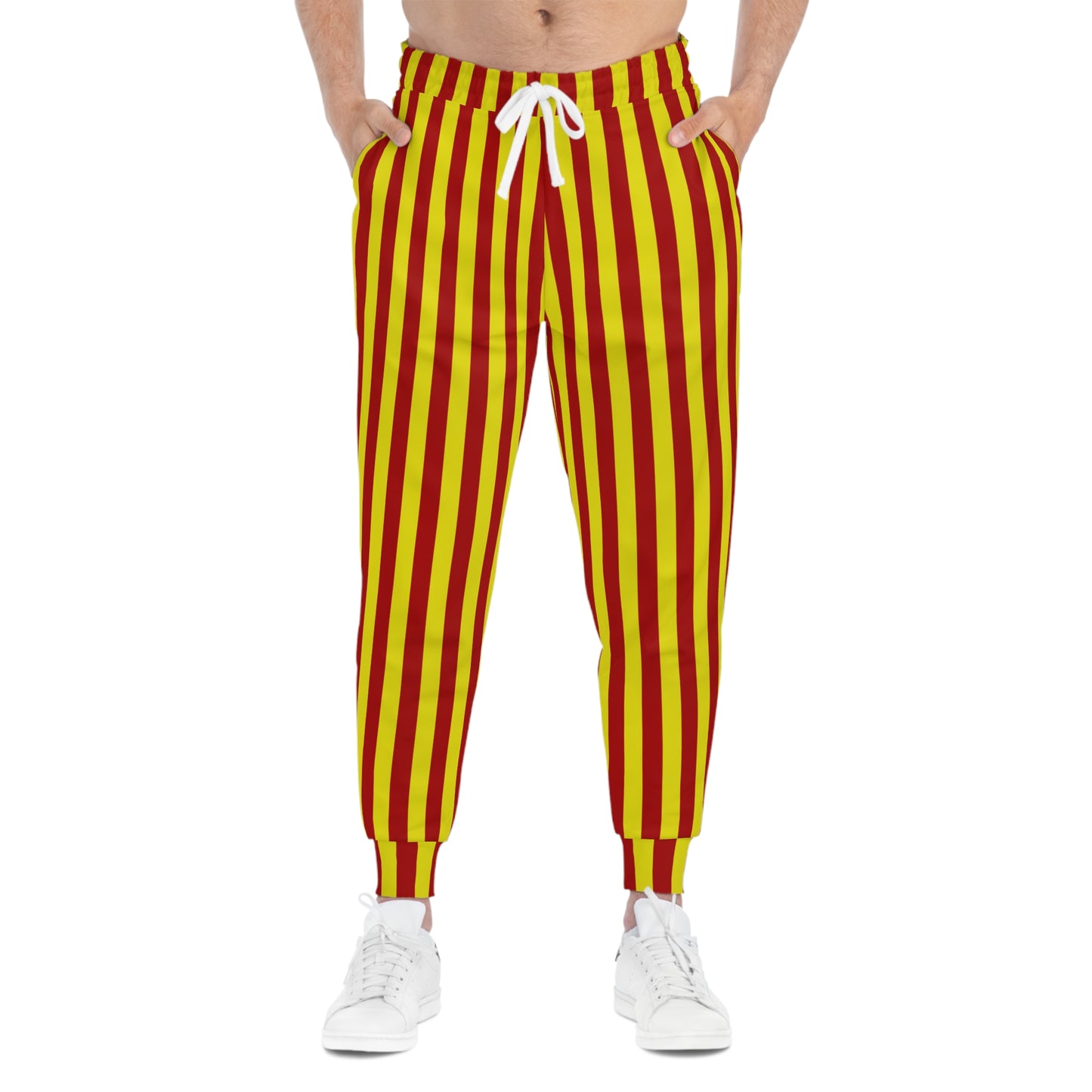 Gold and cardinal striped joggers styled for USC gameday girls—retro-inspired, cozy, and perfect for tailgates or campus strolls