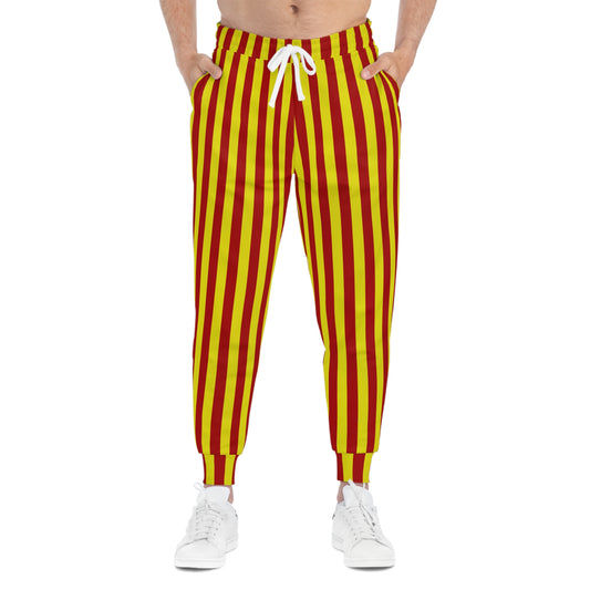 Gold and cardinal striped joggers styled for USC gameday girls—retro-inspired, cozy, and perfect for tailgates or campus strolls