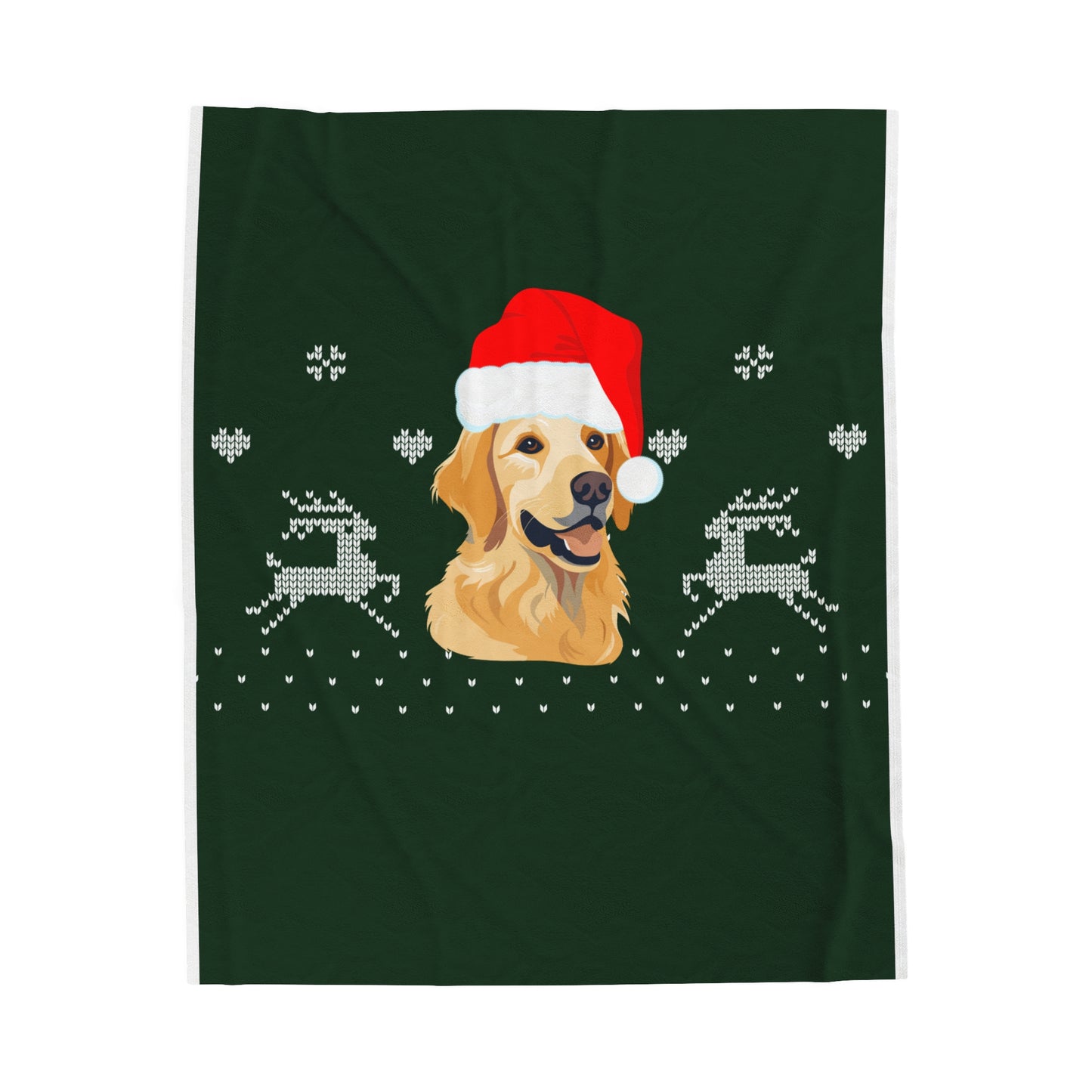 Flat lay of green Christmas blanket with golden retriever Santa design folded on soft surface with holiday props