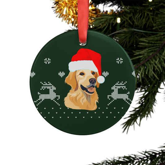 golden retriever ornament wearing Santa hat hanging on Christmas tree with twinkling lights and holiday ribbon
