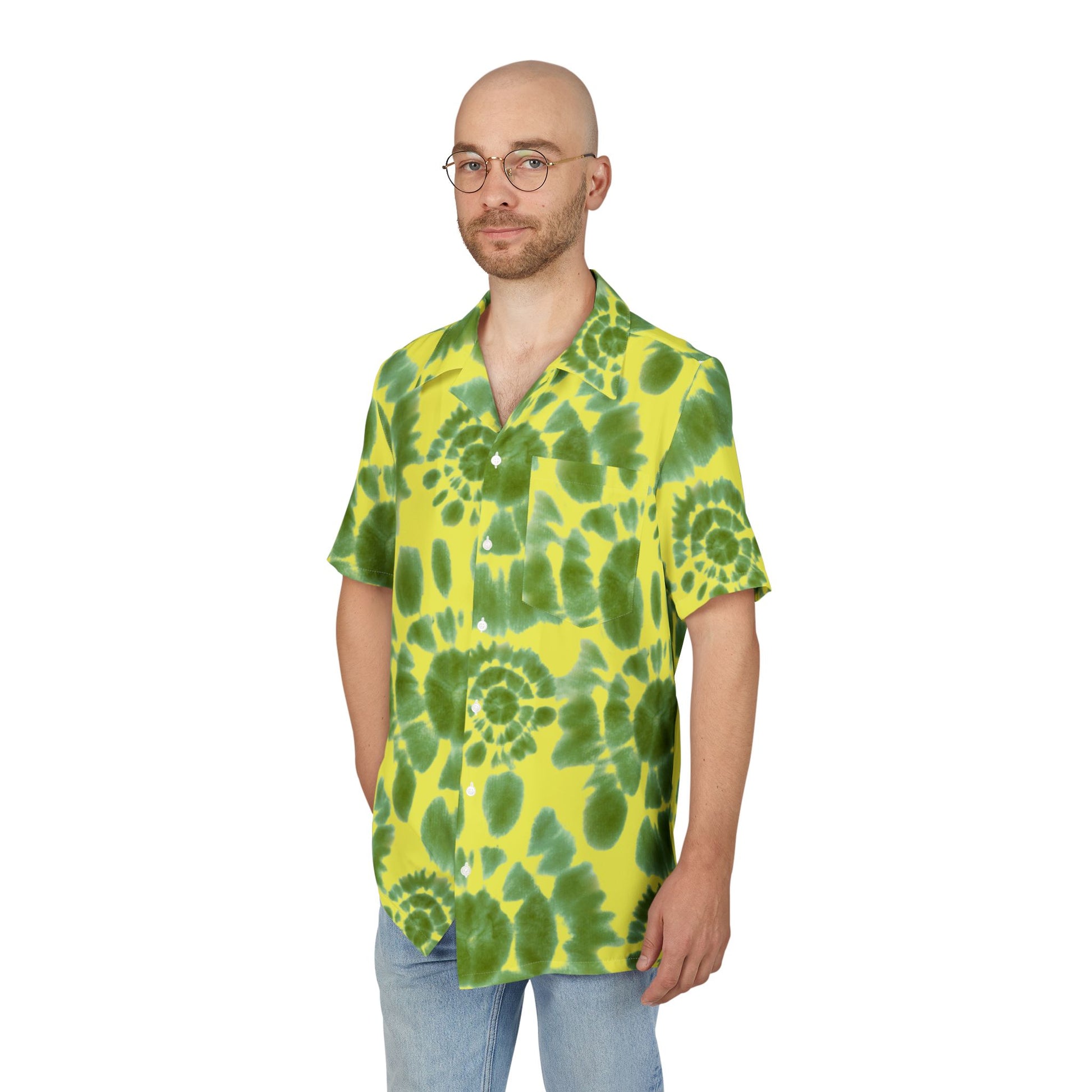 Retro Hawaiian shirt with green and yellow tie-dye, perfect for October Oregon games and Walton-inspired tailgates.