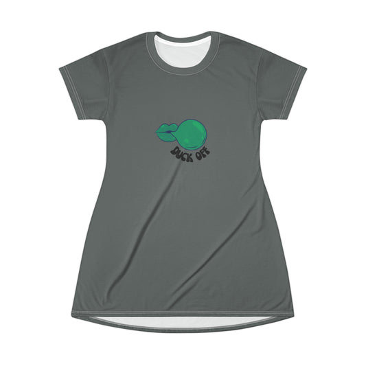 Gray "Duck Off" T-Shirt Dress featuring a bold graphic, blending playful attitude with effortless game-day style.