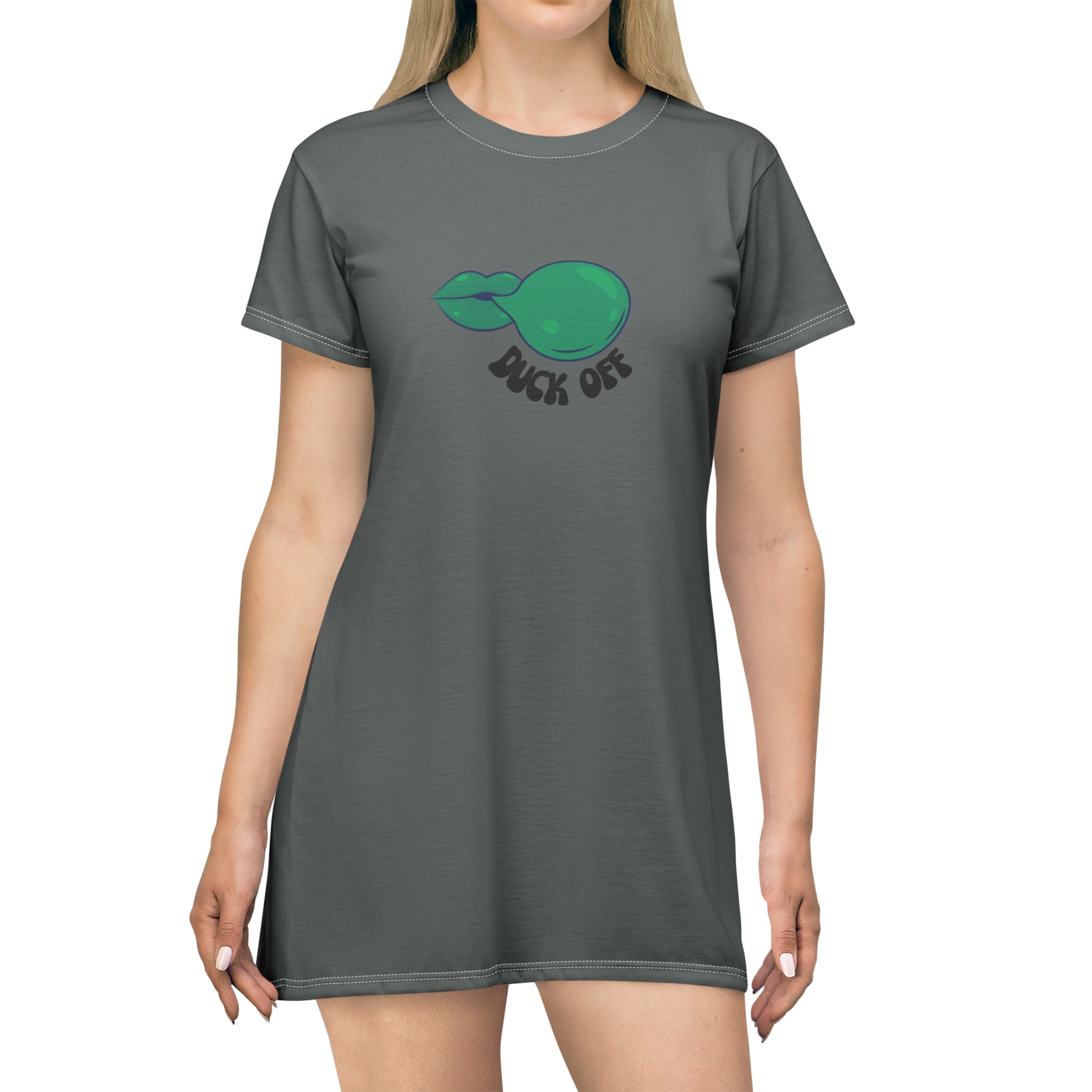 Gray "Duck Off" T-Shirt Dress worn at a football tailgate, adding a fun and sporty touch to a game-day outfit.