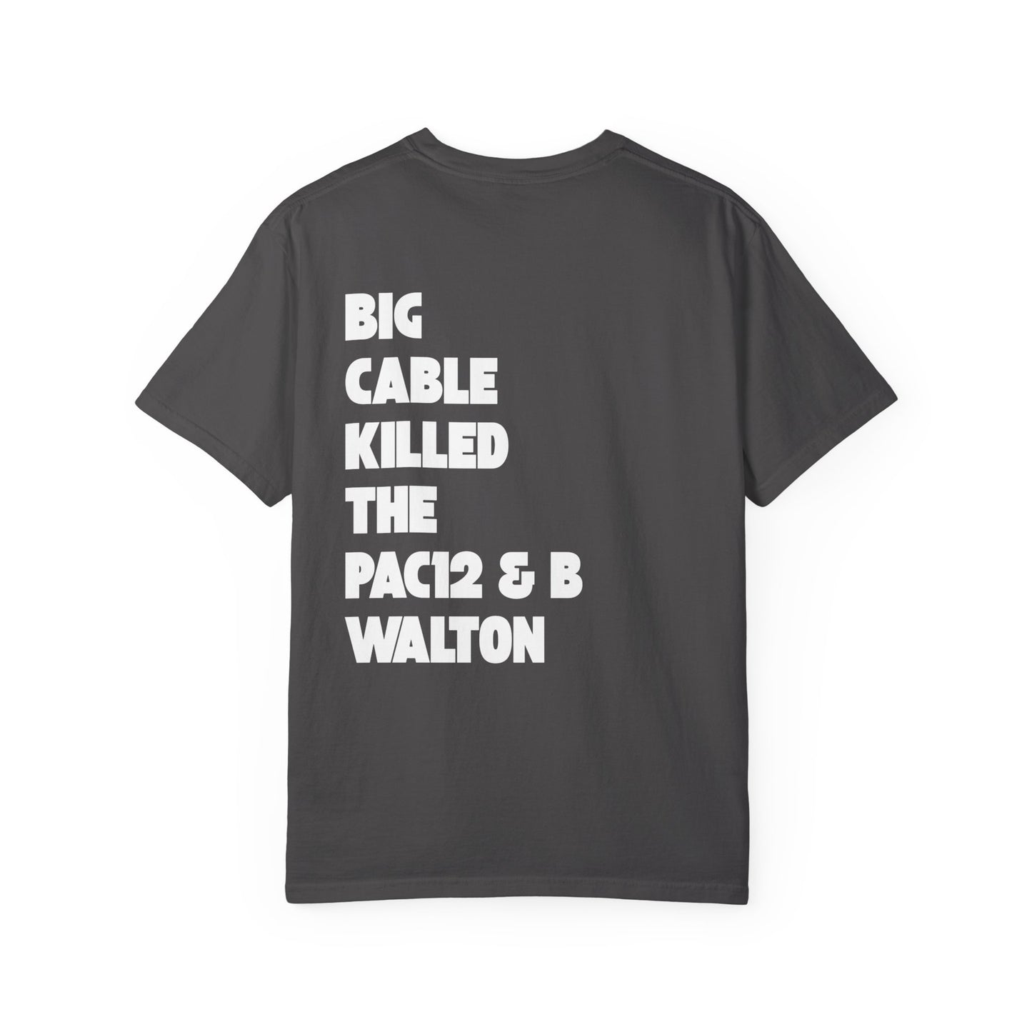 Gray tee with retro football graphic and spicy back text blaming Big Cable for the Pac-12’s collapse and Walton’s exit.