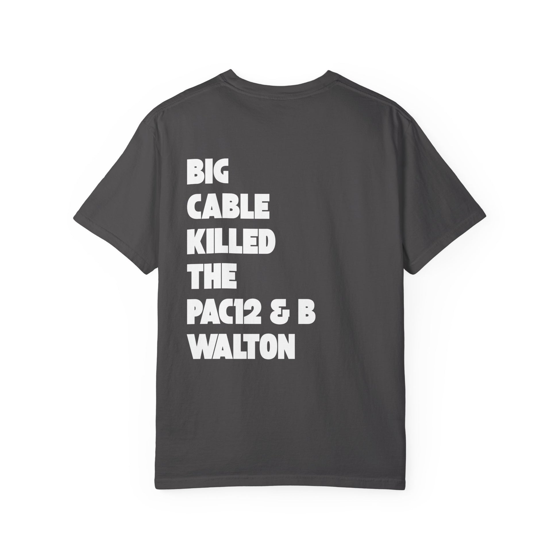 Gray tee with retro football graphic and spicy back text blaming Big Cable for the Pac-12’s collapse and Walton’s exit.